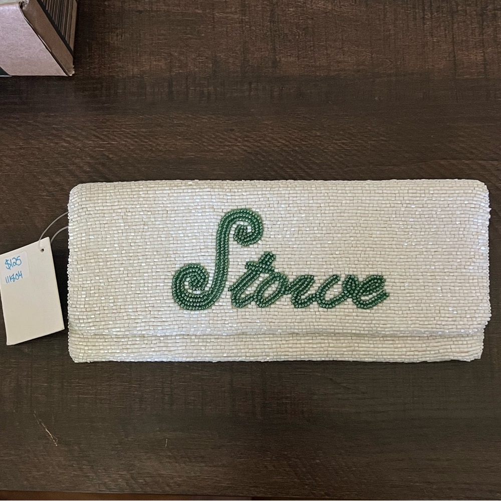 Stowe Tiana White and Green Beaded Clutch